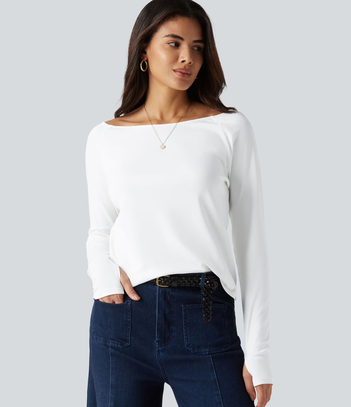 T-shirt en coton Pima à encolure bateau, manches longues et passe-pouces