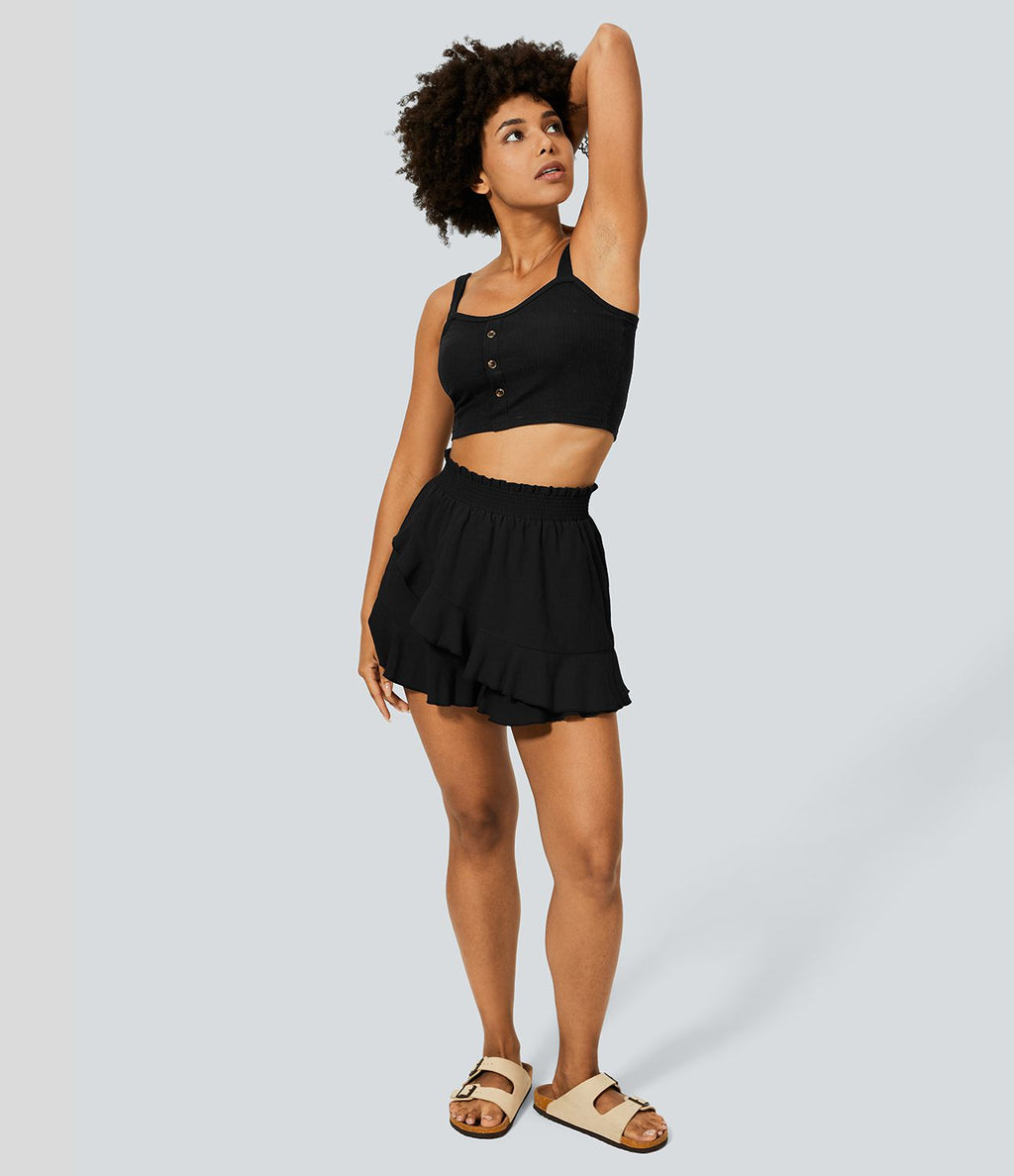 Short Évasés Casual à Taille Haute avec Volants Frisés et Effet Lin