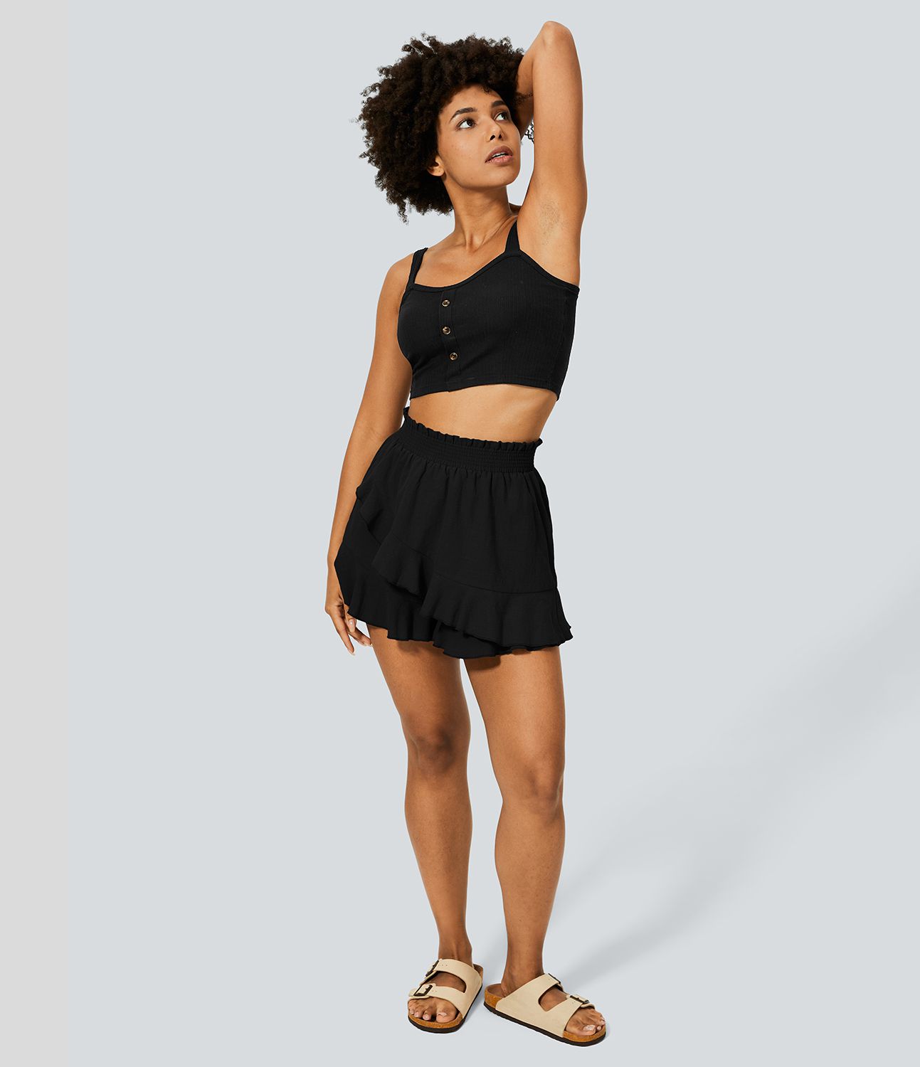 Short Évasés Casual à Taille Haute avec Volants Frisés et Effet Lin