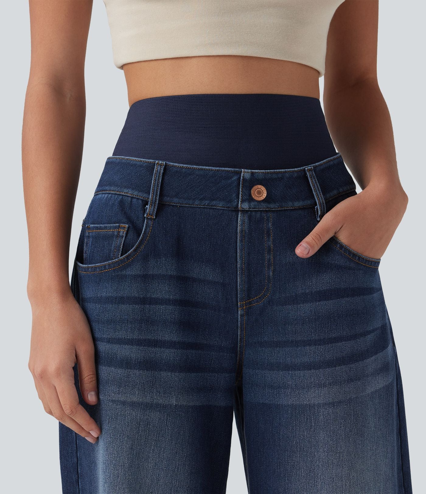 Jean large délavé Halara Flex™ taille haute gainant avec poches