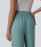 Pantalon cargo casual coupe droite taille mi-haute aspect lin à cordon de serrage avec poches