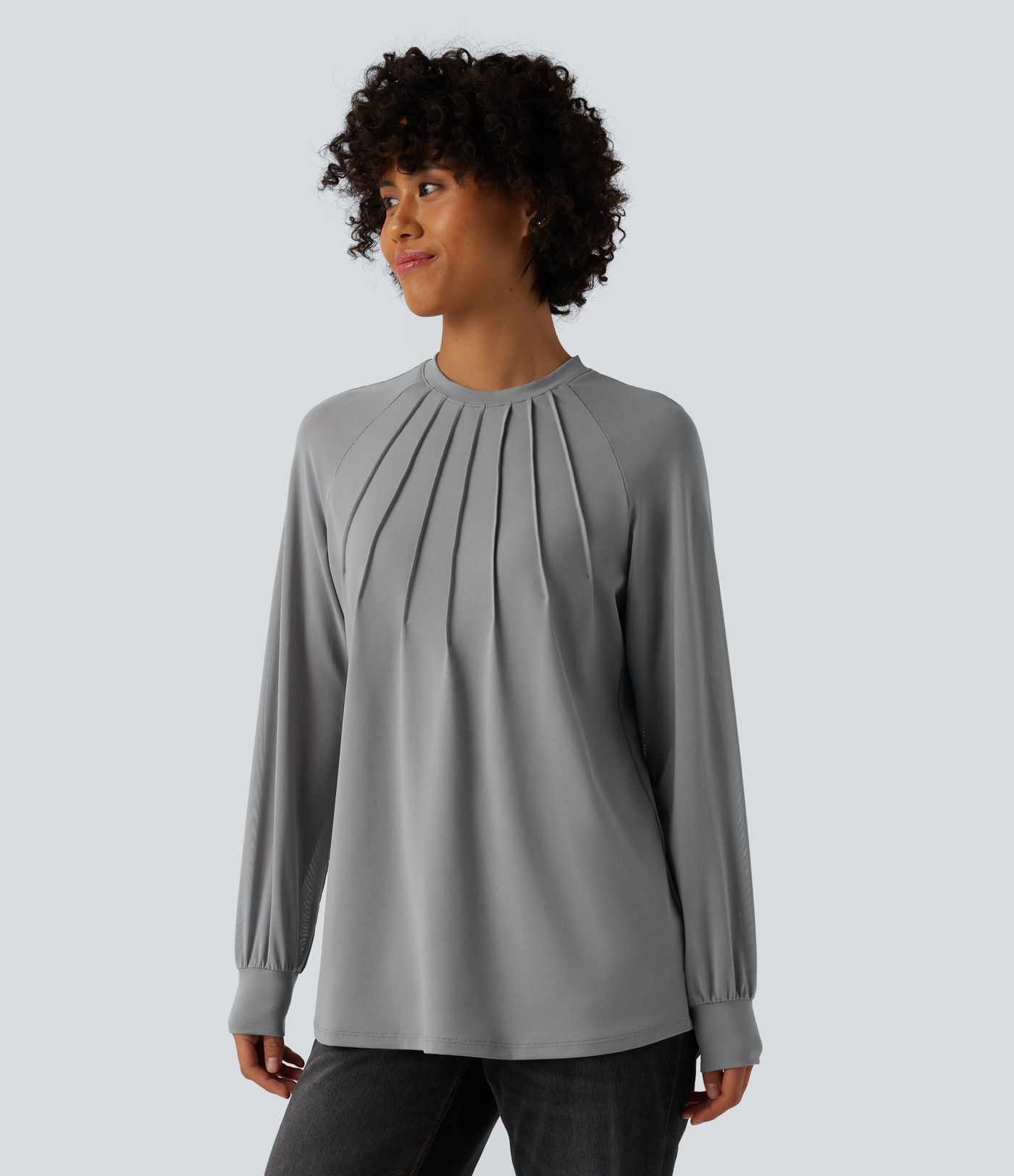 Blouse mesh contrastant col rond manches raglan longues