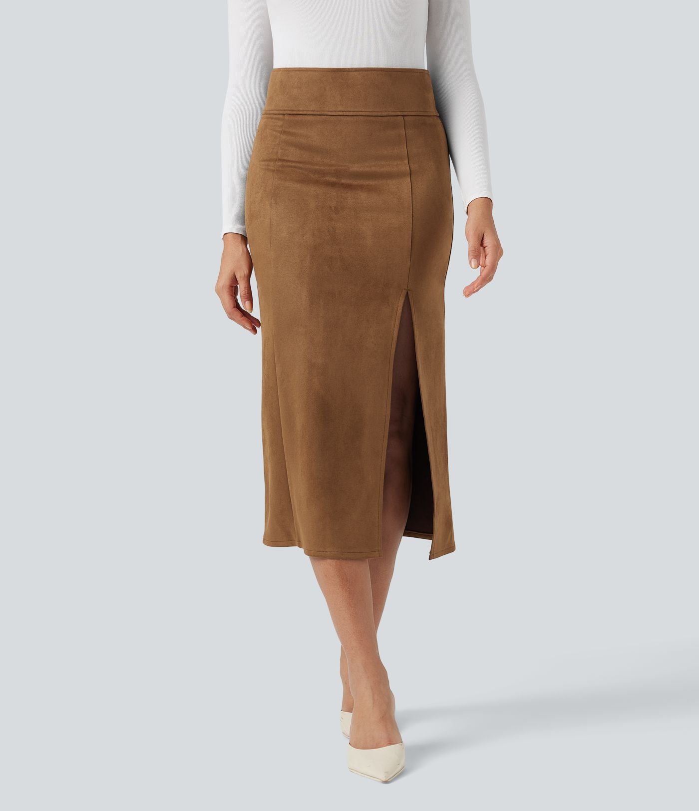 Jupe midi moulante en daim taille haute
