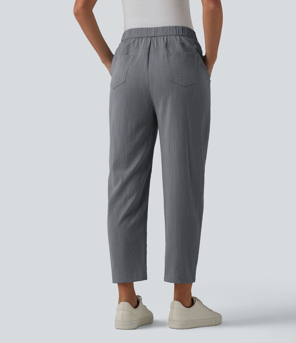Pantalon tailleur aspect lin fuselé taille haute asymétrique avec poches