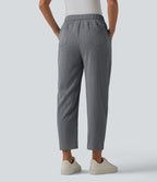 Pantalon tailleur aspect lin fuselé taille haute asymétrique avec poches