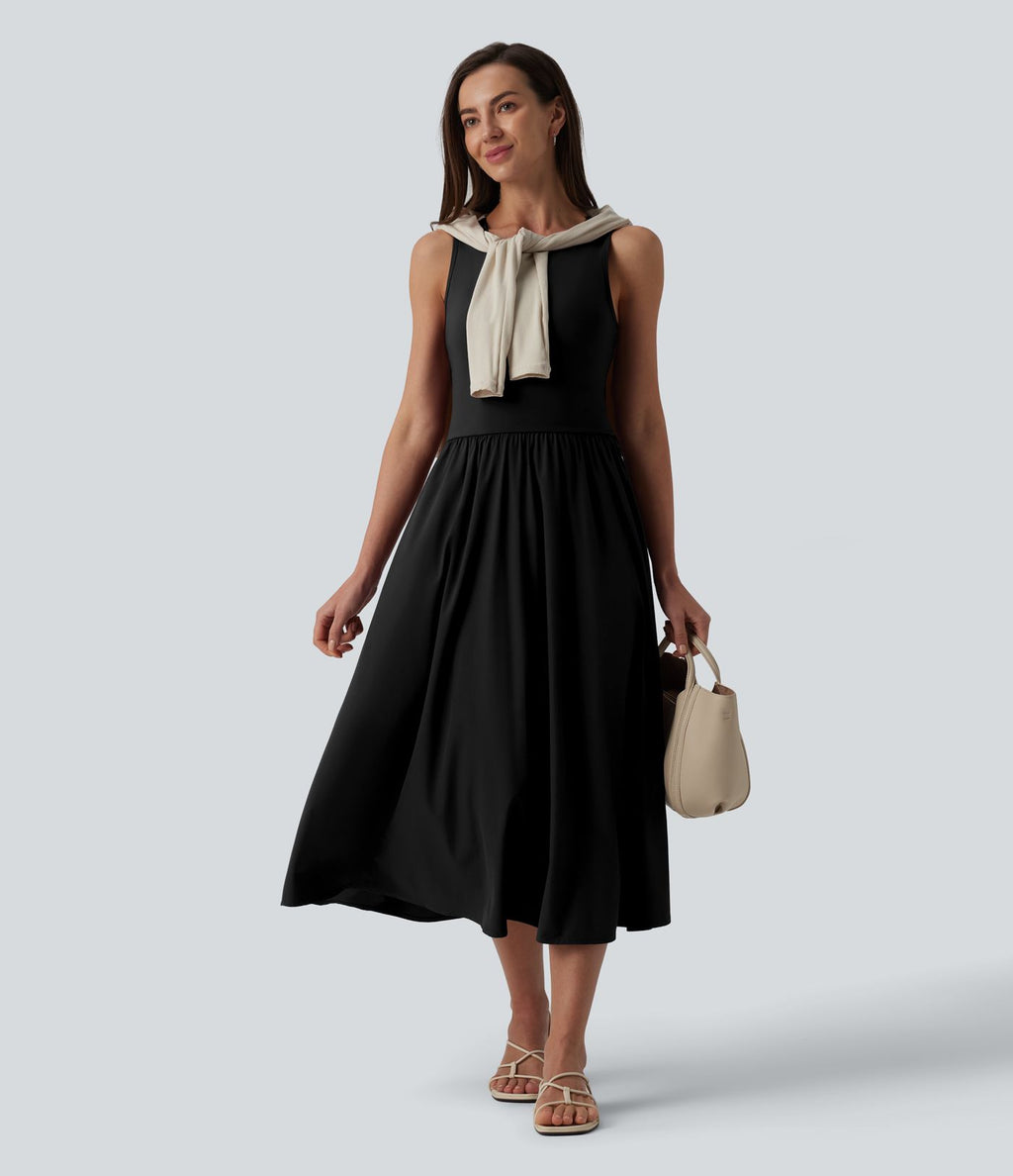 Robe mi-longue décontractée col rond sans manches découpes