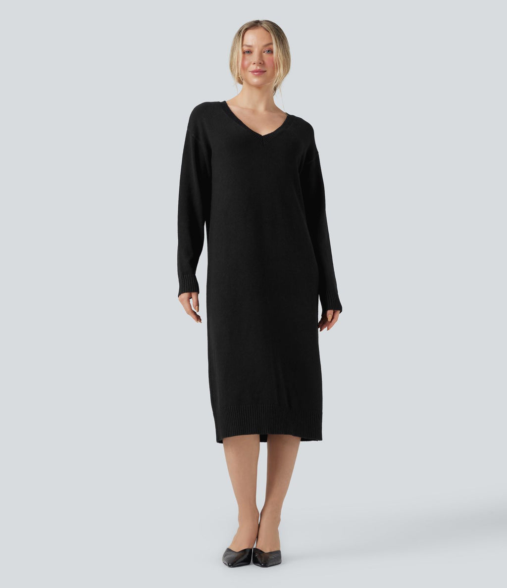 Robe pull laine mélangée col V manches longues mi-longue - réversible devant et dos