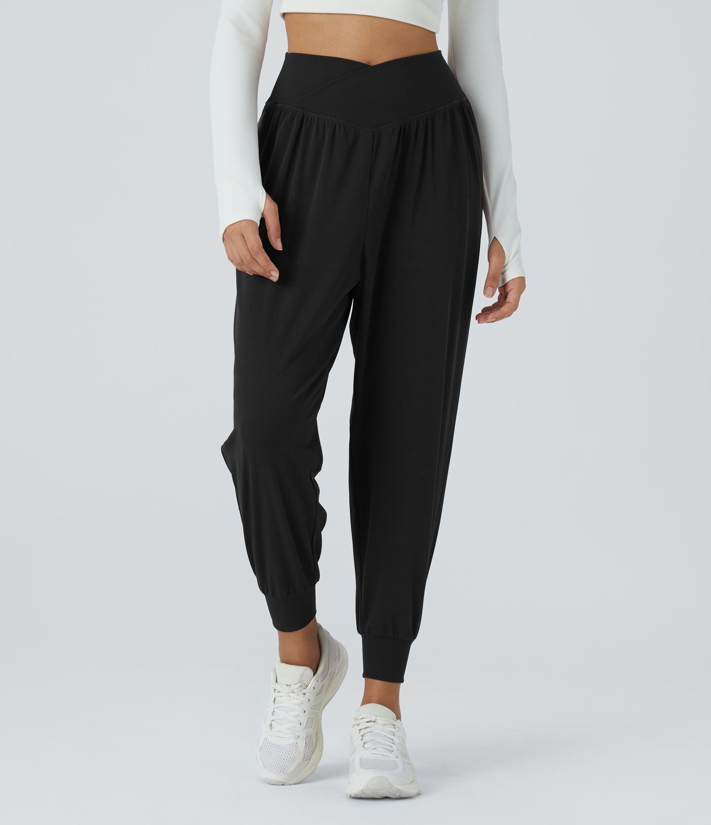 Jogging de Yoga à Taille Haute, Croisé Devant, Plis, Poches Latérales, en Tissu Gaufré
