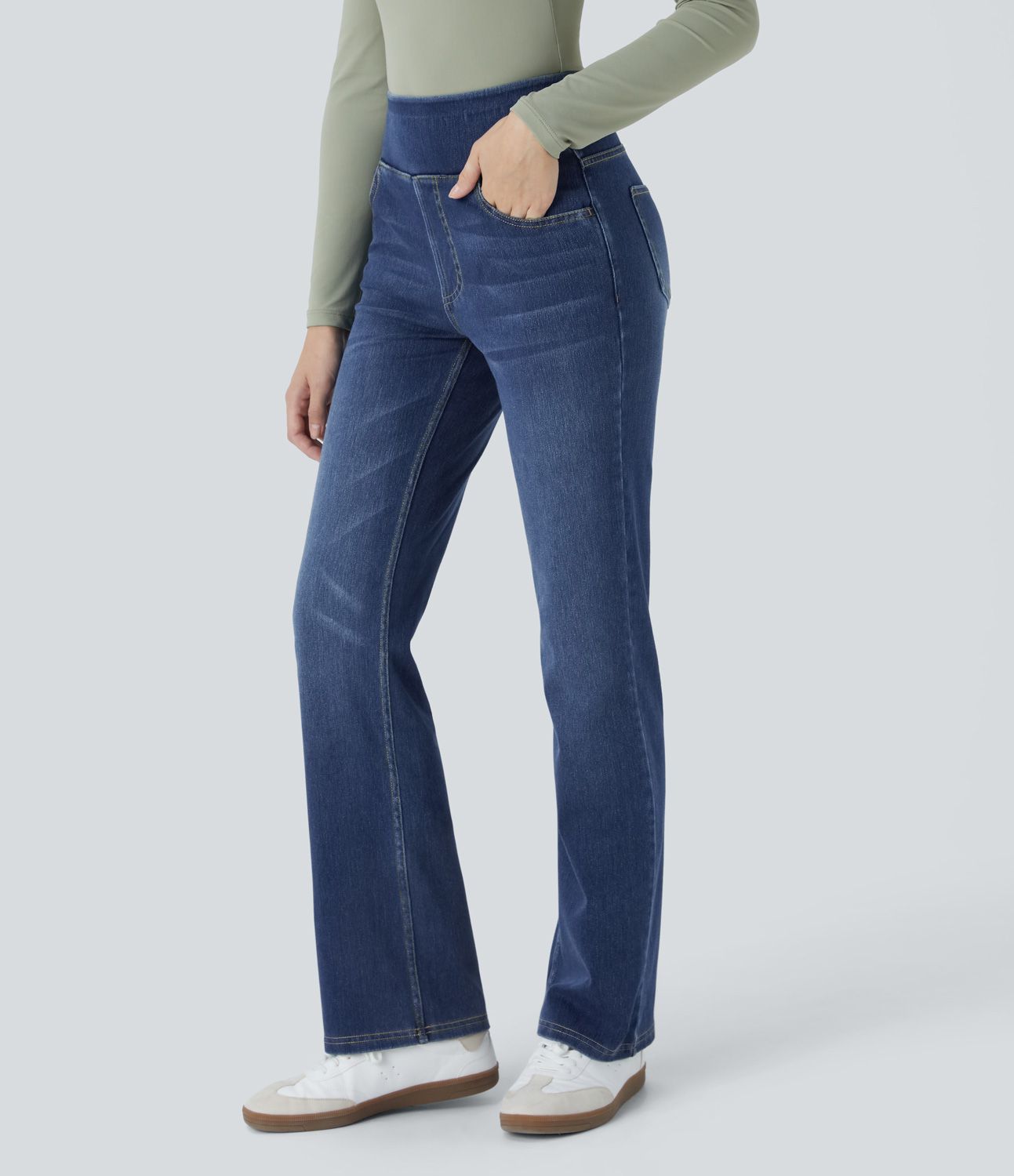 Halara Flex™ Jean bootcut décontracté extensible délavé taille haute à poches multiples