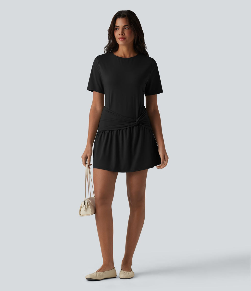 Robe mini casual 2 pièces col rond manches courtes dos goutte d'eau avec poches