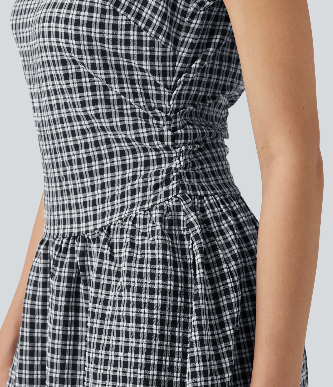 Robe midi décontractée à carreaux vichy, col bateau, sans manches, avec poches