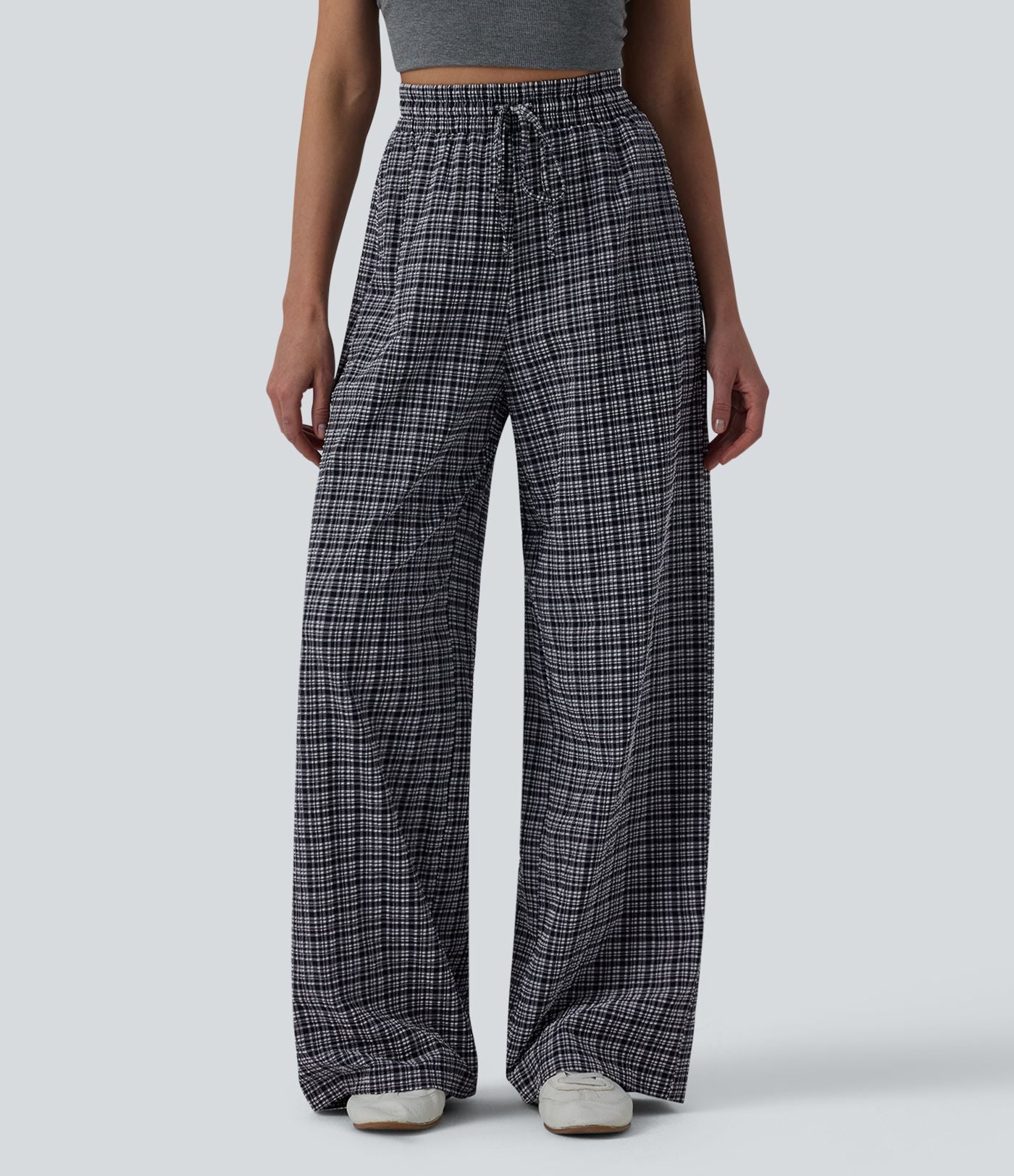 Pantalon large casual taille haute carreaux froissés à séchage rapide avec cordon de serrage et poches zippées