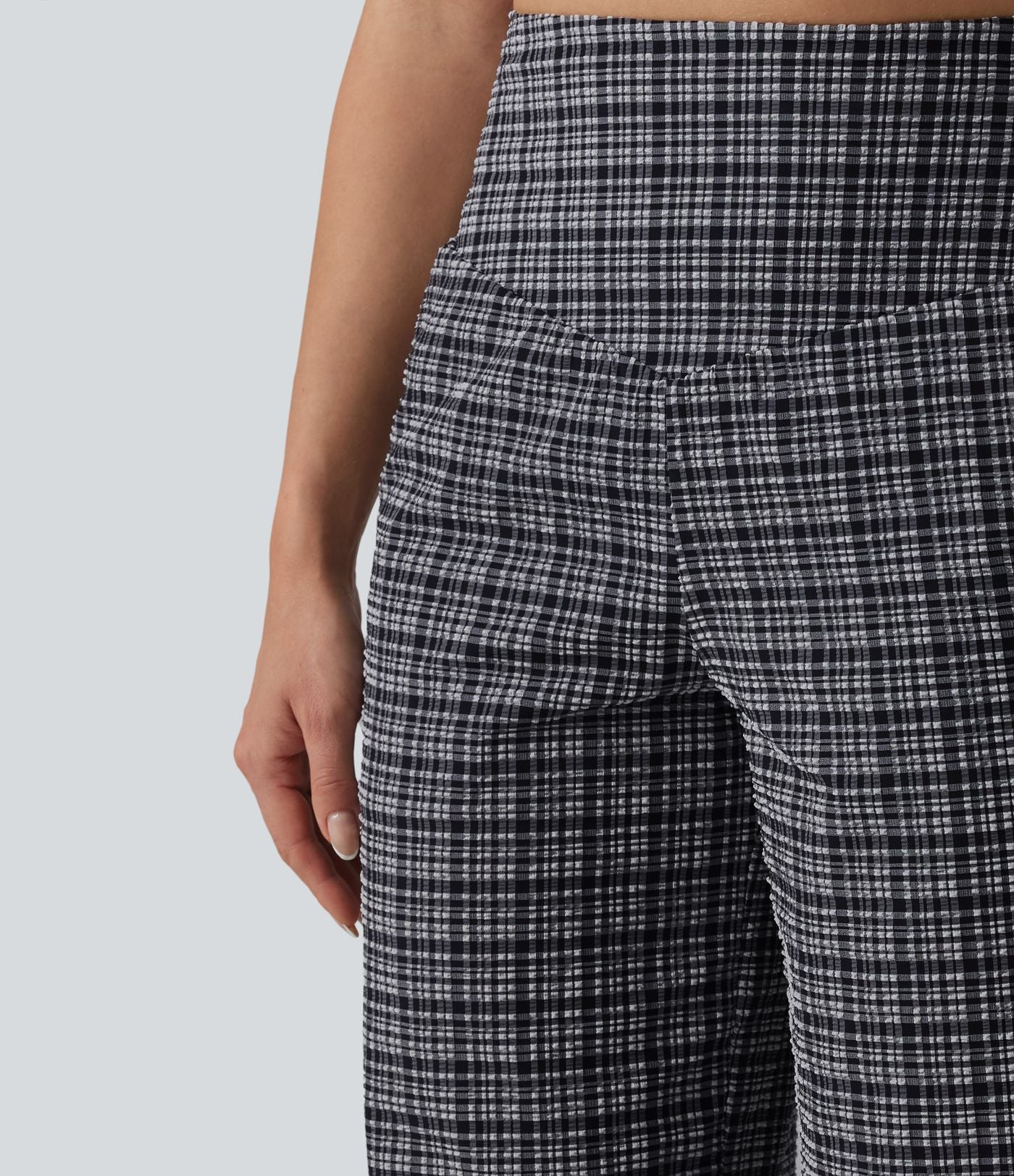 Pantalon large taille haute ventre plat à carreaux en tissu froissé séchage rapide avec poches