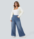 Halara Flex™ Jeans Larges Casual Taille Haute Multiples Poches Lavés Élastiques et Tricotés Grande Taille