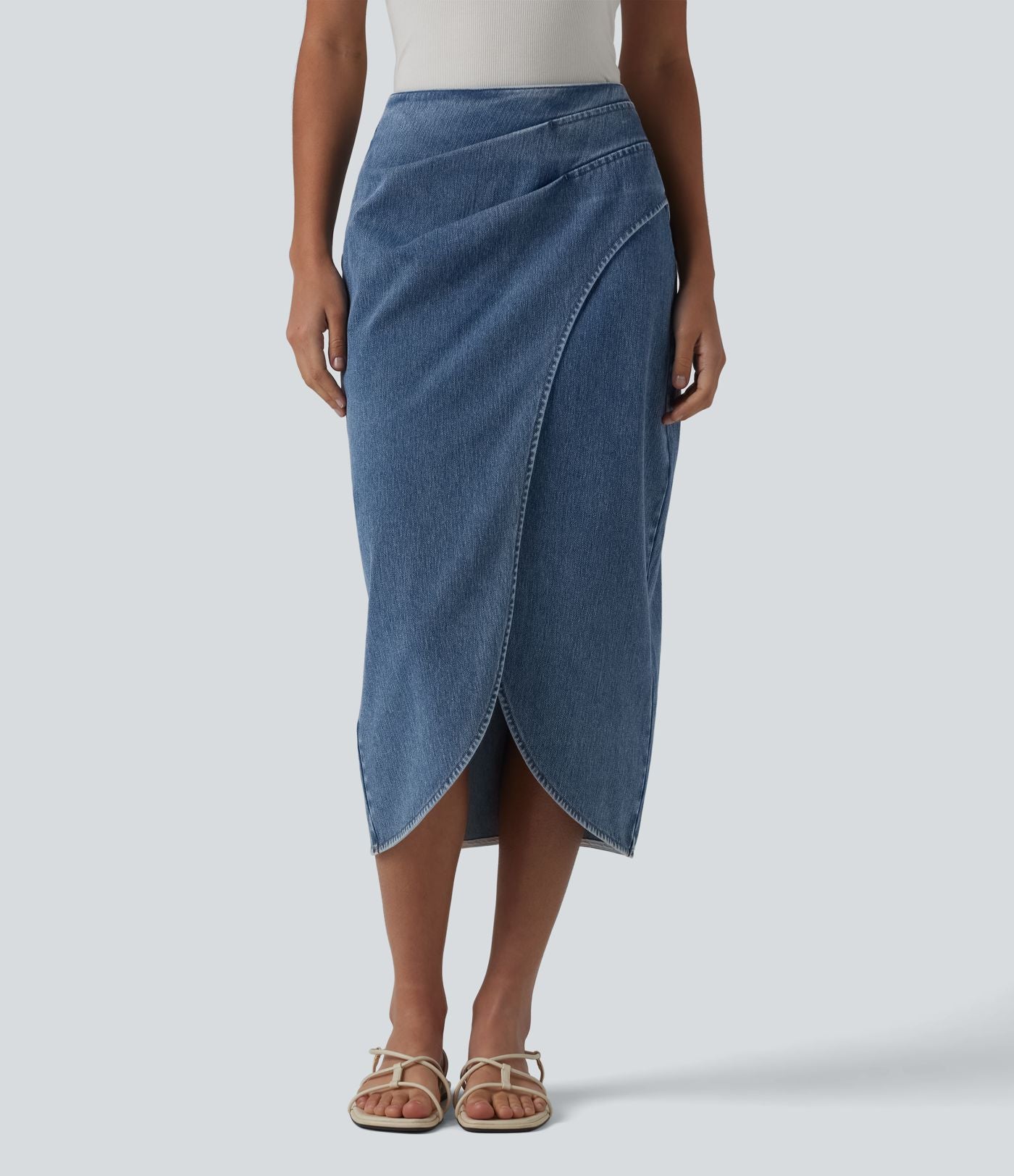 Halara Flex™ Jupe en Jean midi délavé taille haute avec zip dos, effet drapé et ourlet tulipe