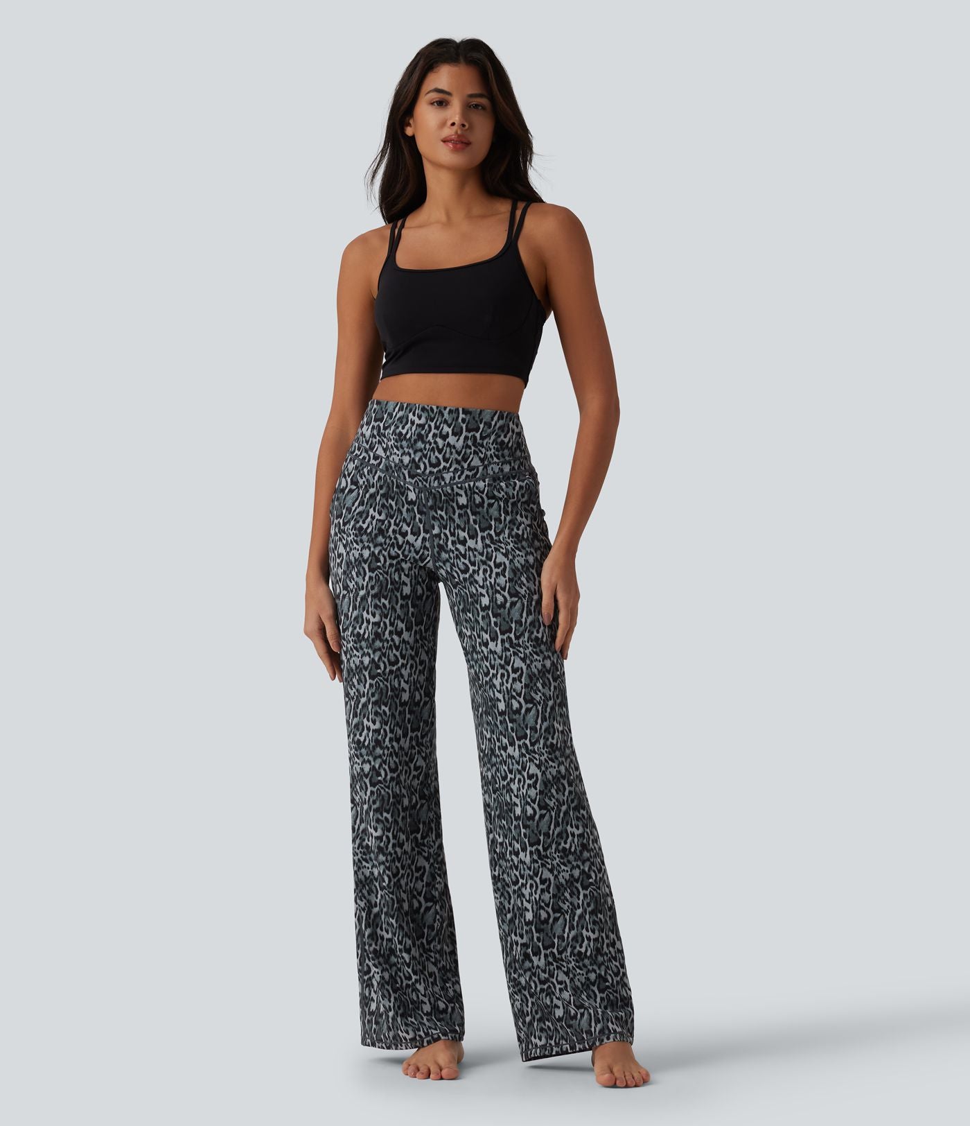 Pantalon de yoga jambes droites taille haute gainant imprimé léopard Halara UltraSculpt™ avec poches