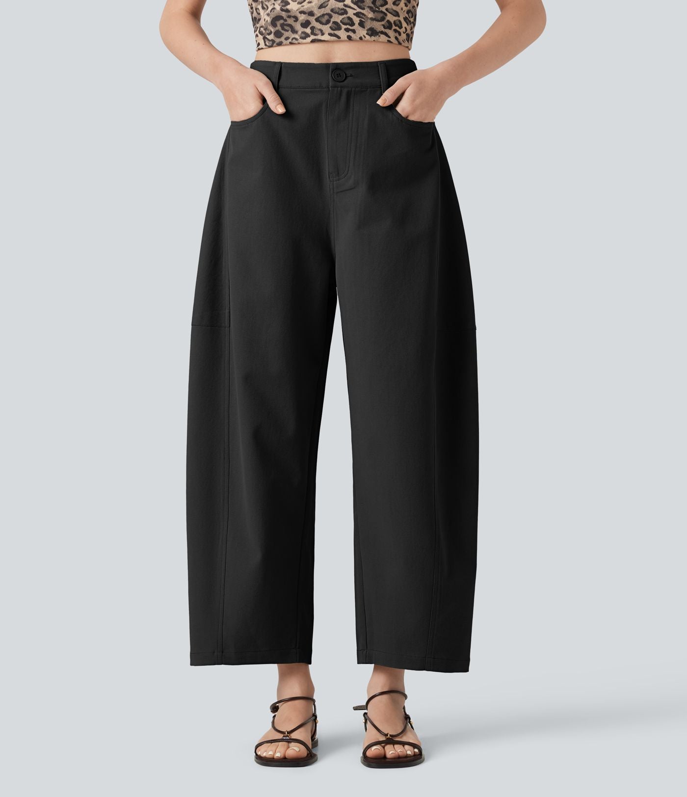Pantalon décontracté coupe barrel taille haute avec poches