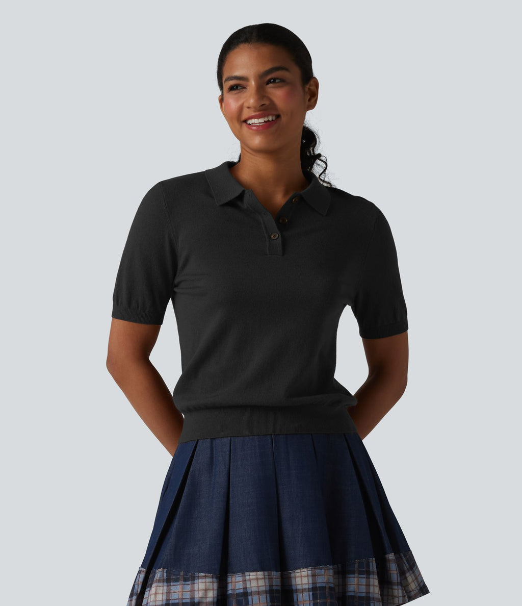 Pull décontracté col polo manches courtes en mélange de laine