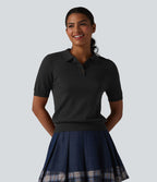 Pull décontracté col polo manches courtes en mélange de laine