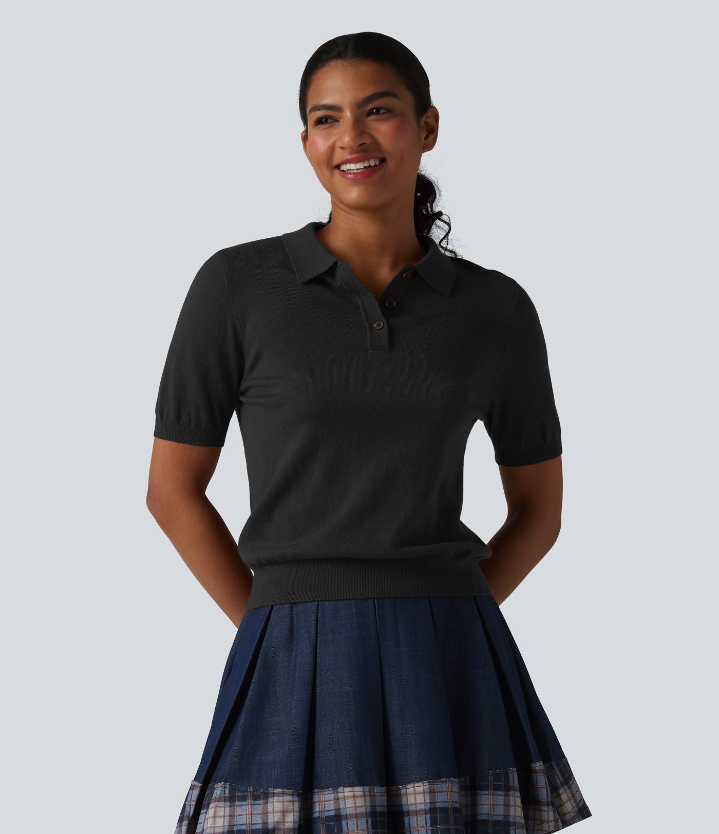 Pull décontracté col polo manches courtes en mélange de laine