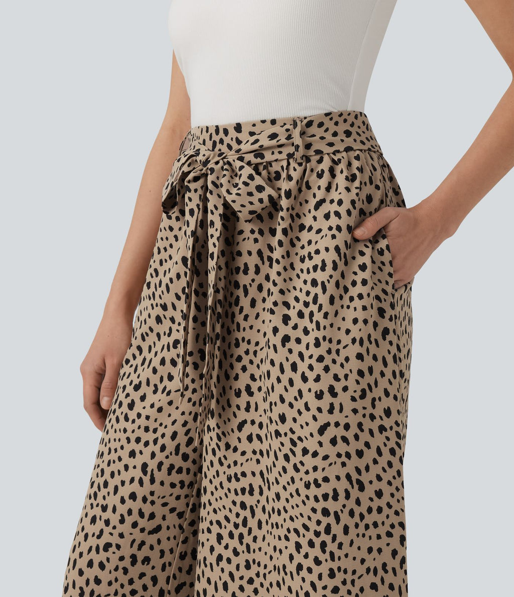 Pantalon casual large imprimé léopard taille haute avec nœud devant et poches