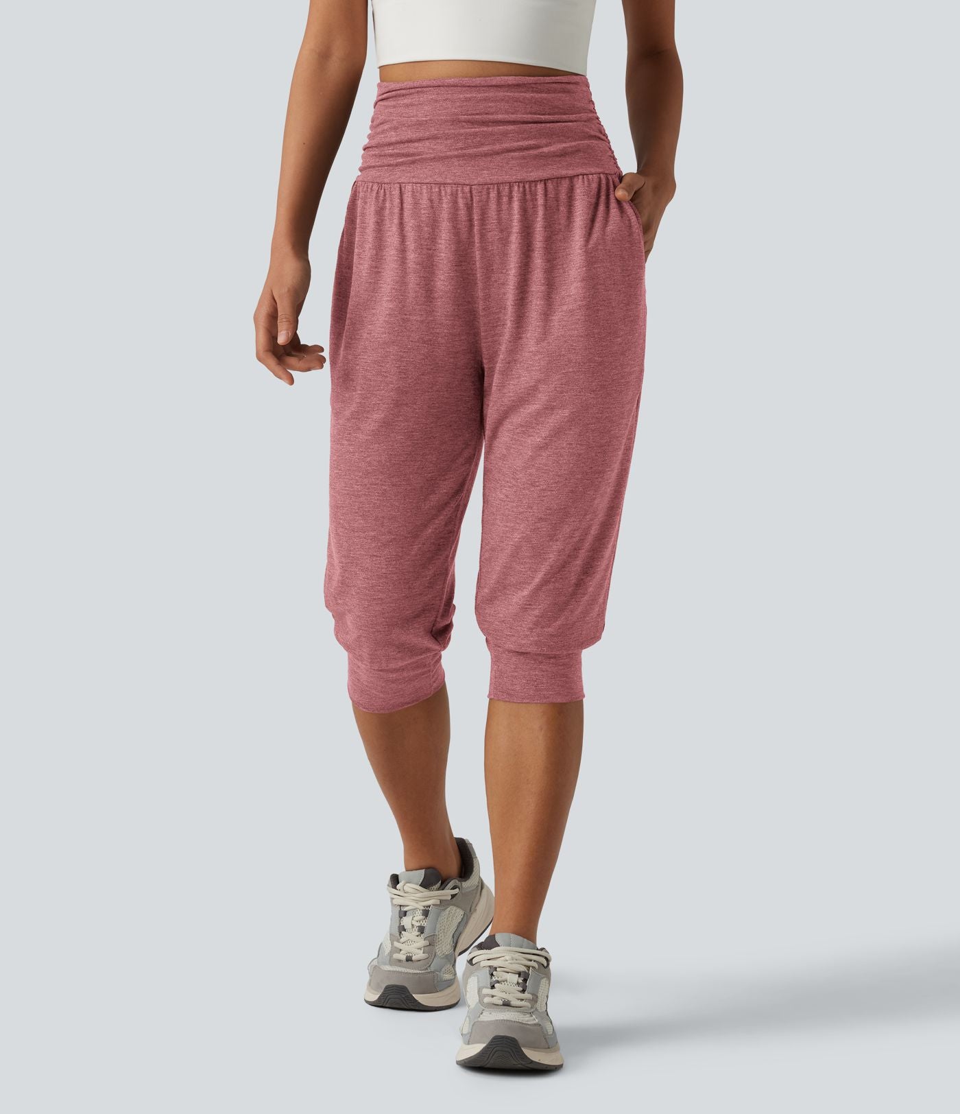 Jogging yoga corsaire chiné taille haute à fronces avec poches