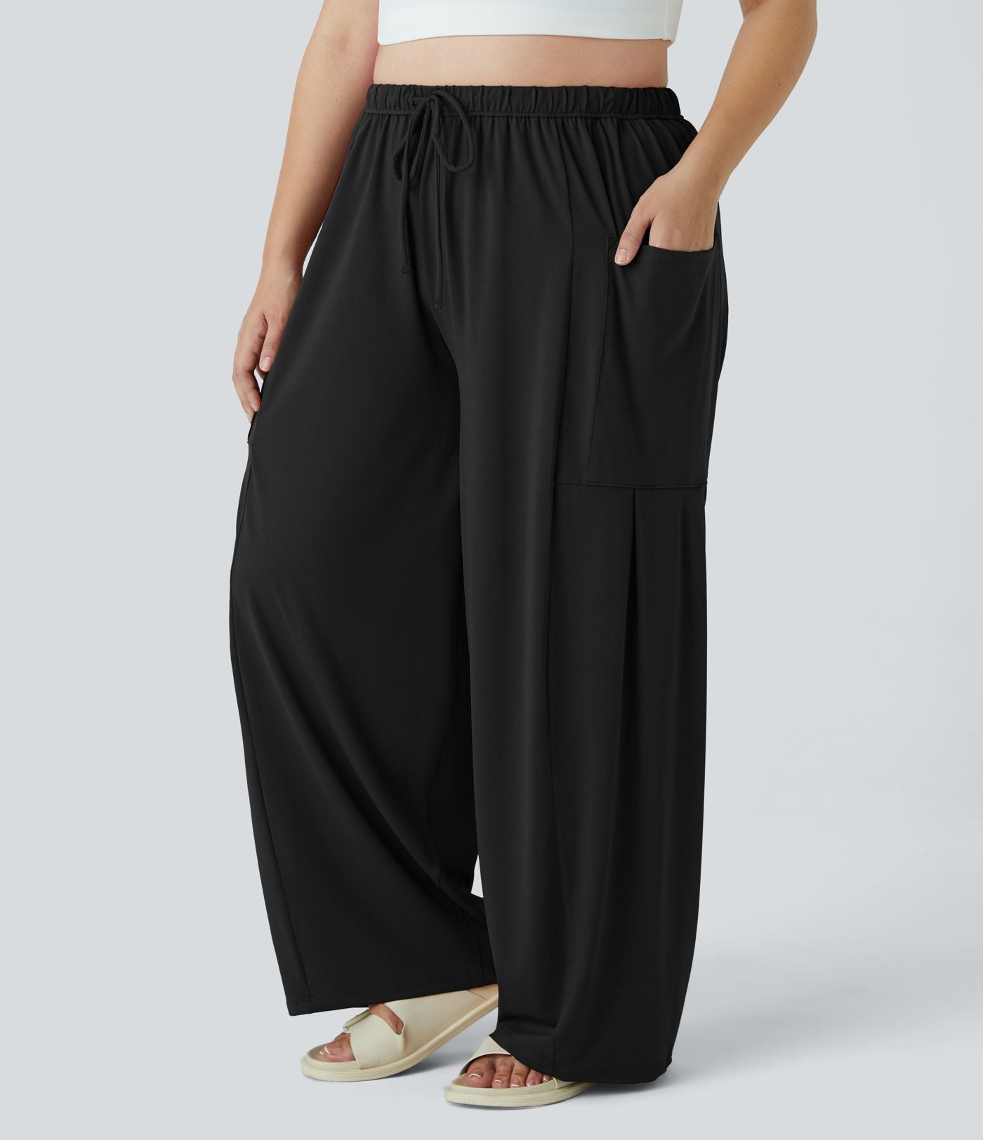 Pantalon Large Casual Taille Mi-Haute Taille Élastique Cordon Poches Latérales Ourlet Flottant Grande Taille