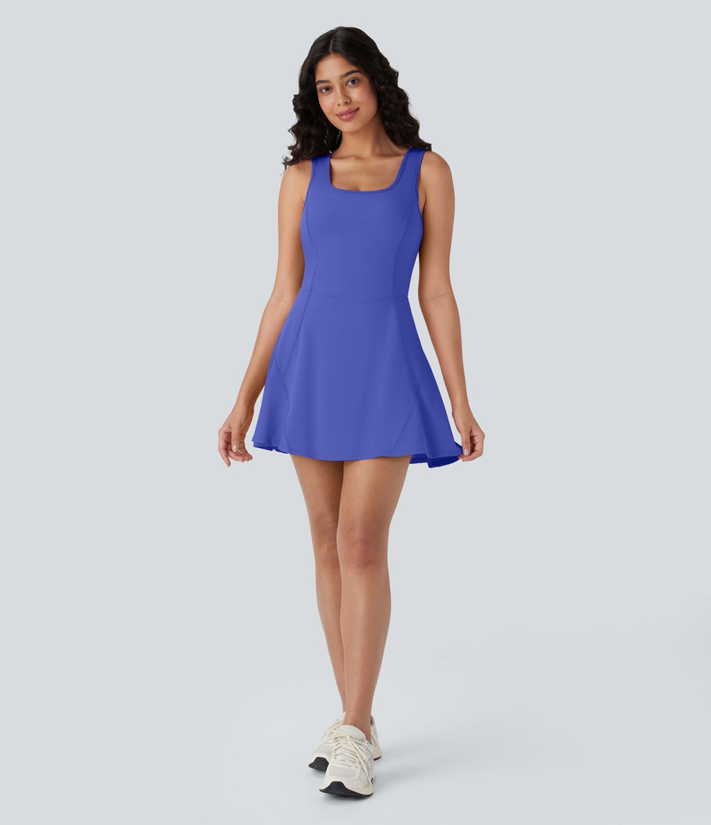 Softlyzero™ Airy Robe Sport de danse courte 2-en-1 avec dos nu croisé, encolure en U et poches latérales