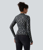 Top casual ajusté col rond manches longues imprimé léopard