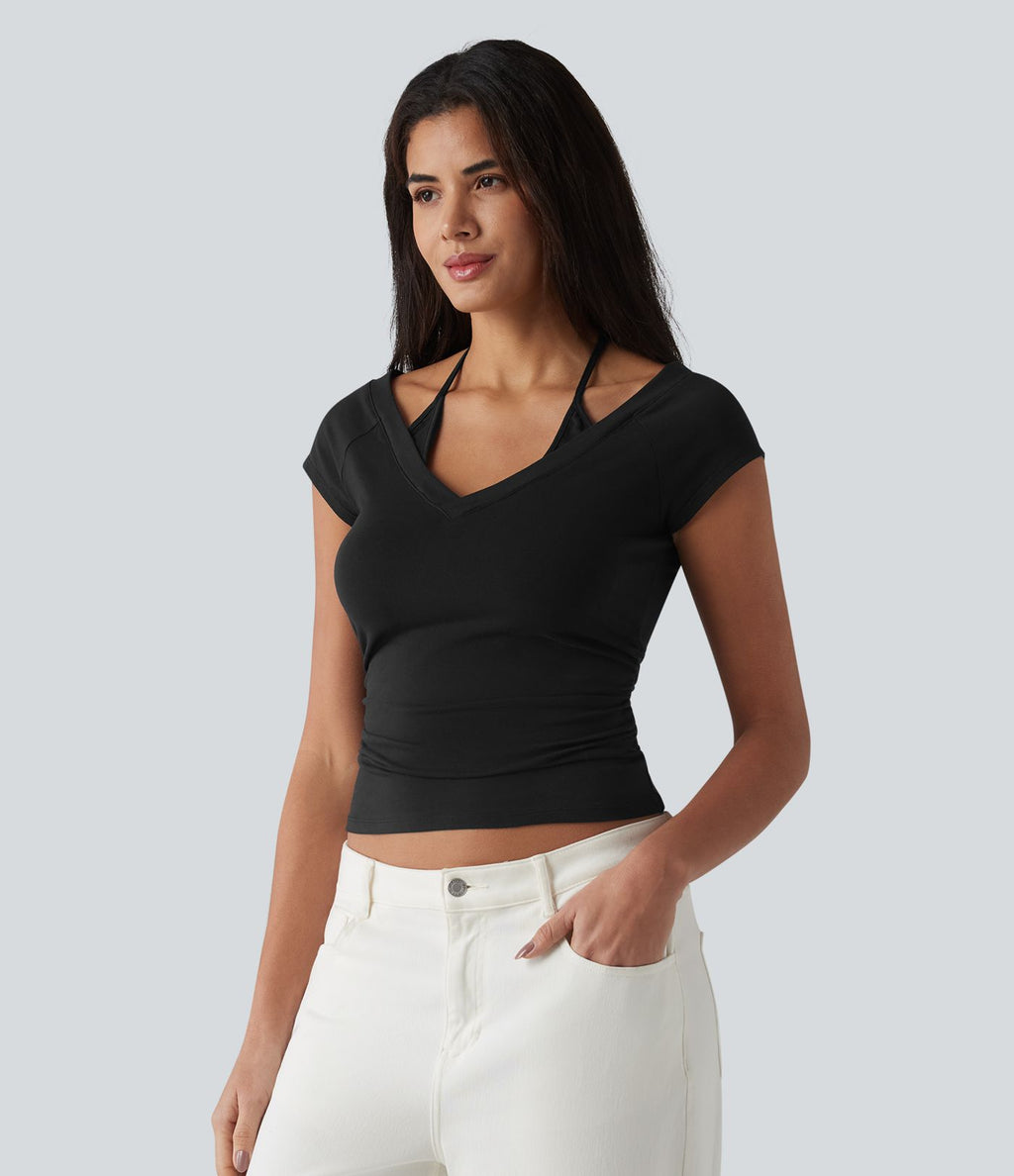 Halara T-shirt casual 2 en 1 en jersey de coton manches courtes dos noué froncé