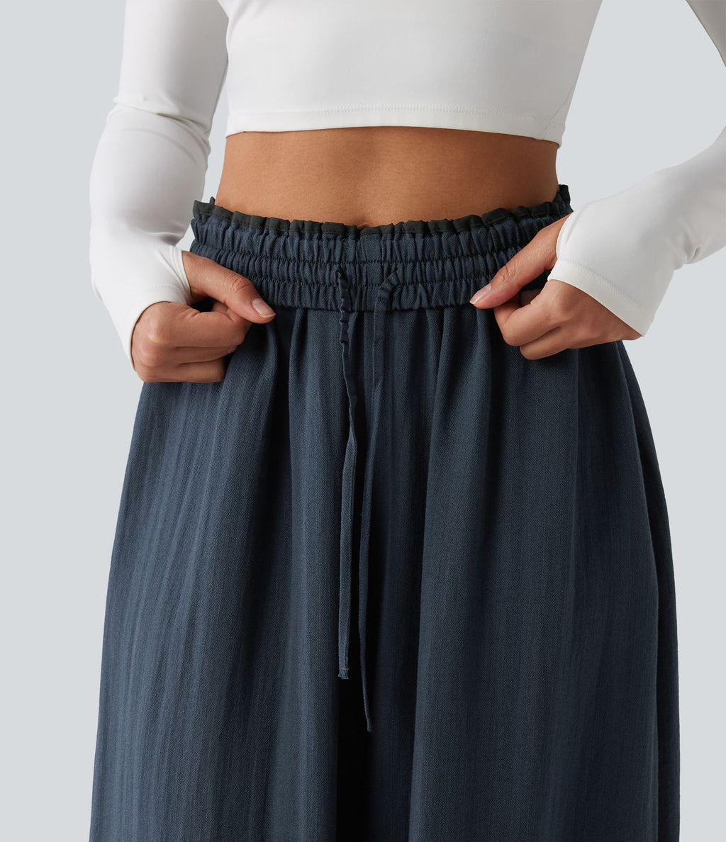 Pantalon large fluide décontracté taille haute avec cordon de serrage intérieur avec poches