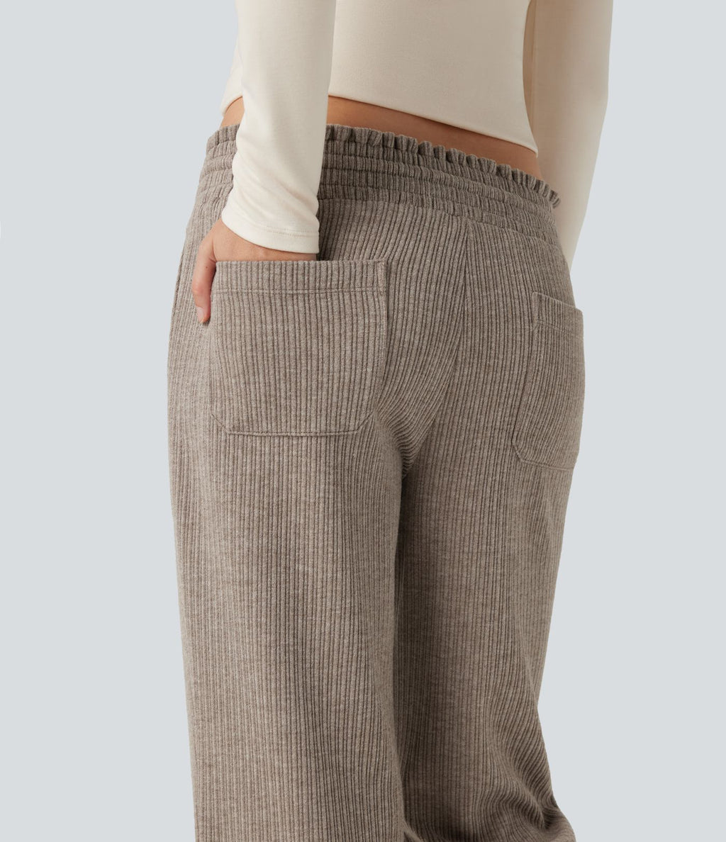 Pantalon décontracté bootcut côtelé, taille basse, cordon et poches