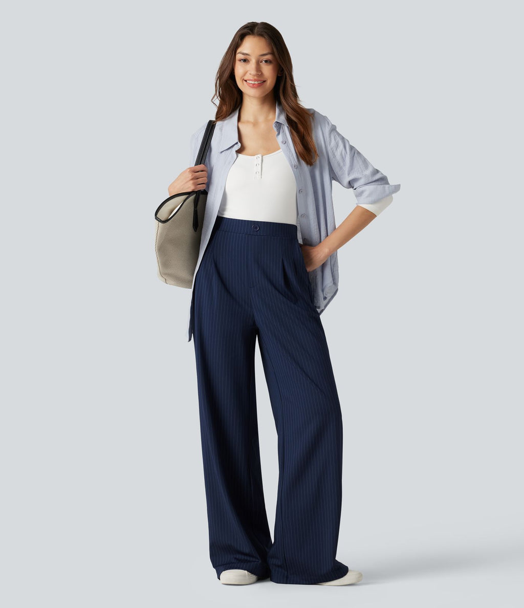 Pantalon tailleur large taille haute à rayures avec boutons décoratifs et poches