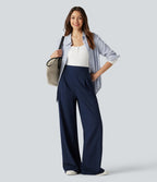 Pantalon tailleur large taille haute à rayures avec boutons décoratifs et poches