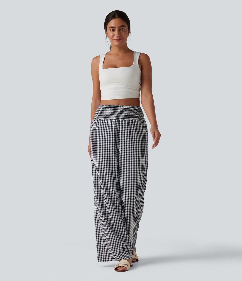 Pantalon large casual taille haute froncé à carreaux vichy avec poches