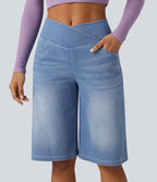 Short en jean ample Halara Flex™ taille haute croisé gainant décontracté avec poches