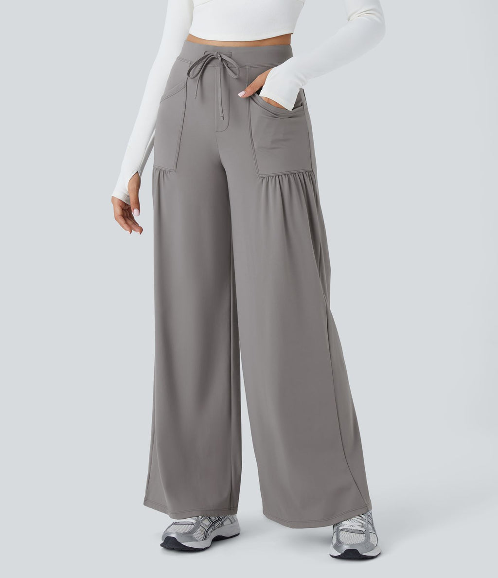 Pantalon Large Yoga Taille Haute avec Cordon de Serrage Plusieurs Poches et Plis