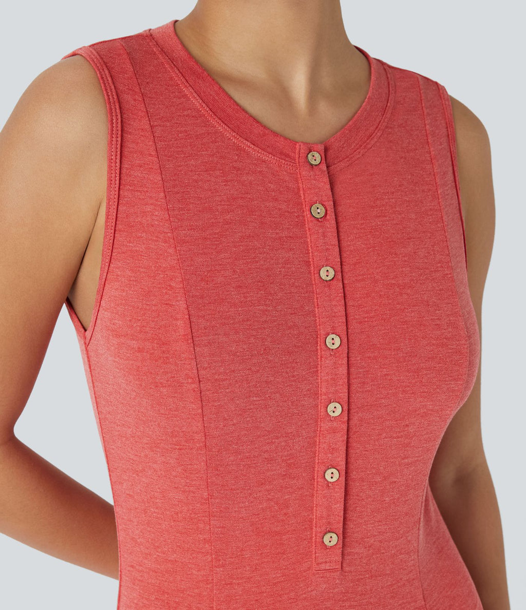Robe Casual Maxi Col Rond Sans Manches Boutonnés