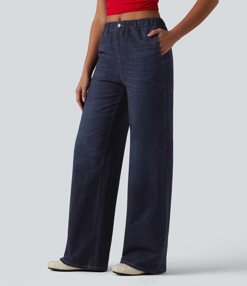 Jogging jean décontracté en molleton French Terry imprimé denim taille mi-haute avec poches