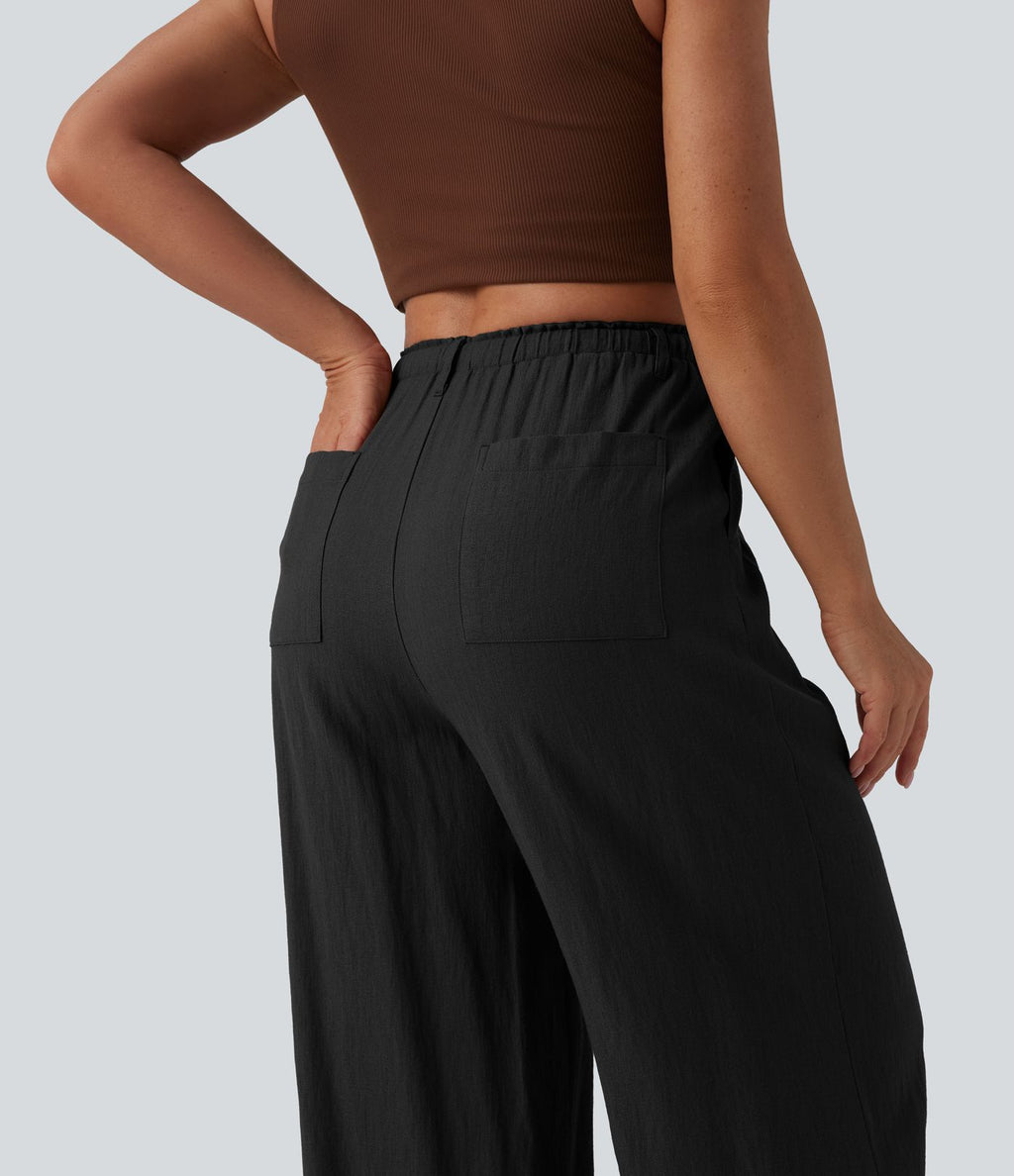 Pantalon casual ample taille haute aspect lin à cordon de serrage avec poches