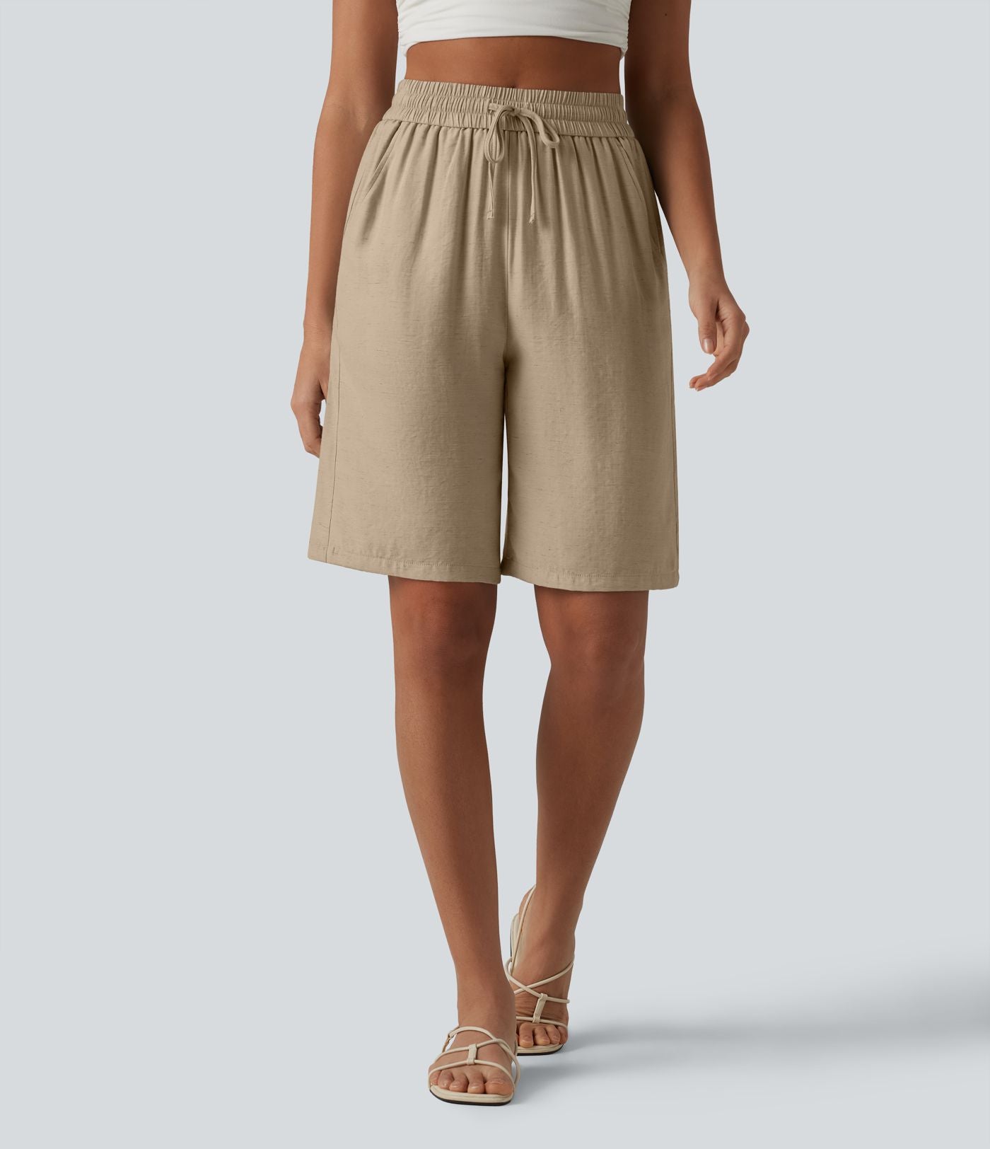Short décontracté taille haute en lin mélangé avec cordon de serrage et poches, 25 cm