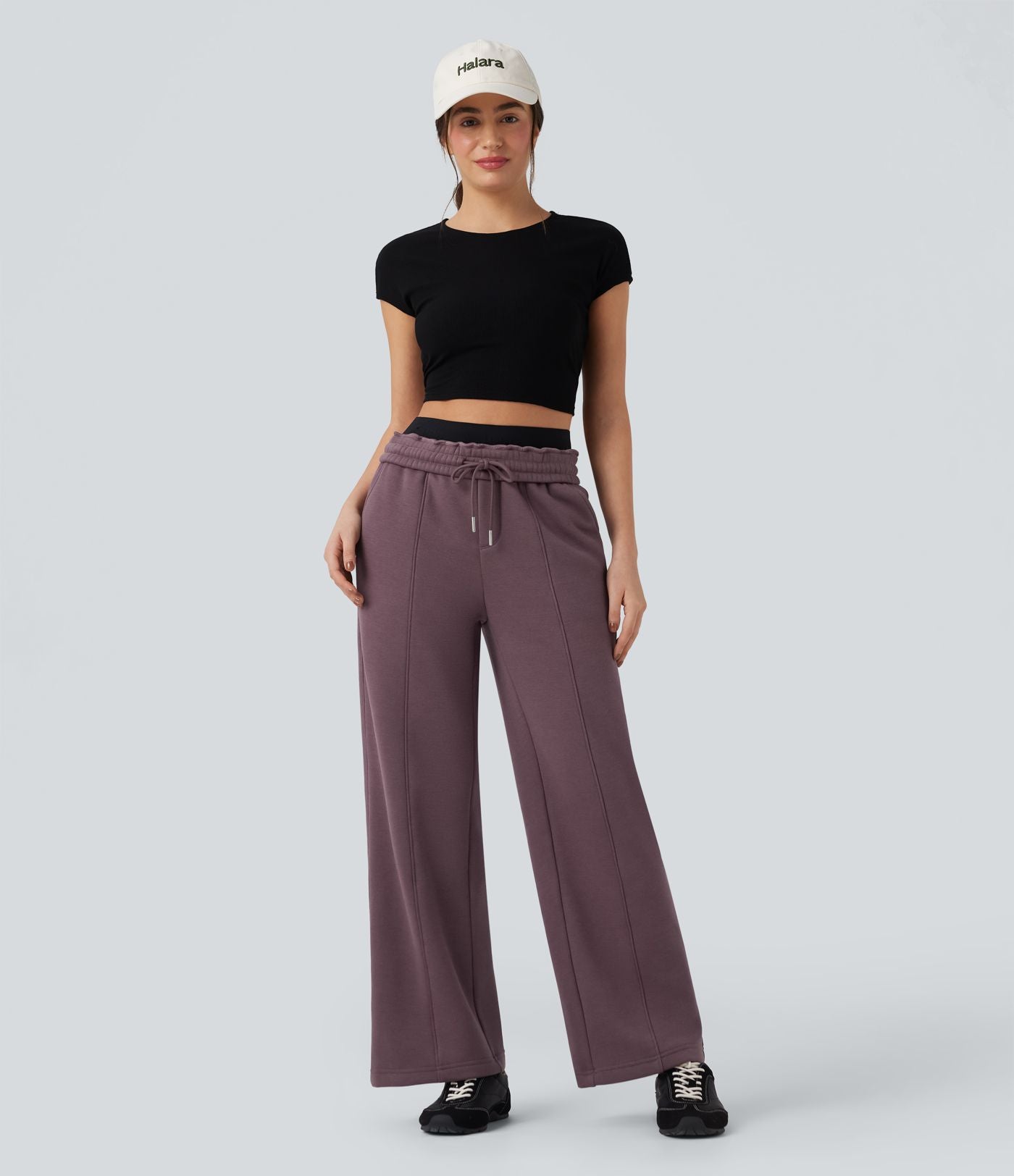 Pantalon jogging droit en coton molleton taille haute avec cordon et poches