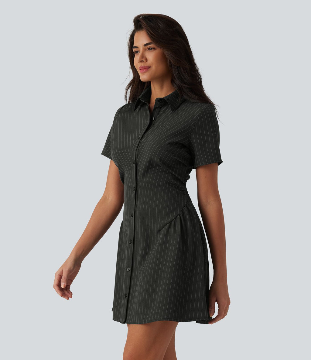 Robe chemise courte casual col manches courtes avec fronces et taille cintrée à rayures