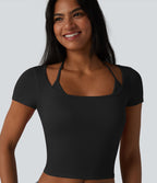 T-shirt crop décontracté côtelé dos nu à nouer avec soutien-gorge intégré manches courtes
