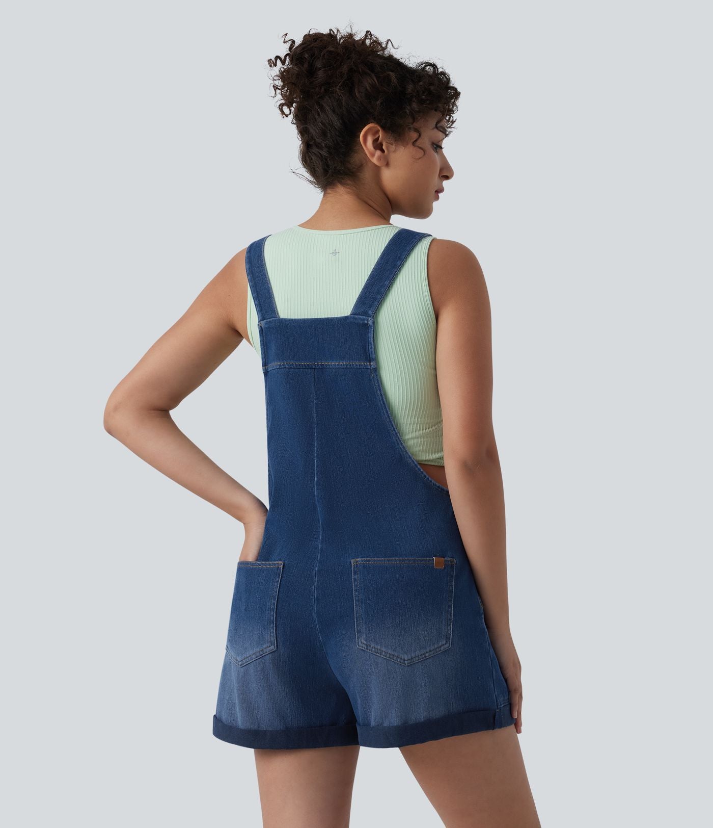Halara Flex™ Salopette courte en denim encolure carrée ourlet retroussé avec poches