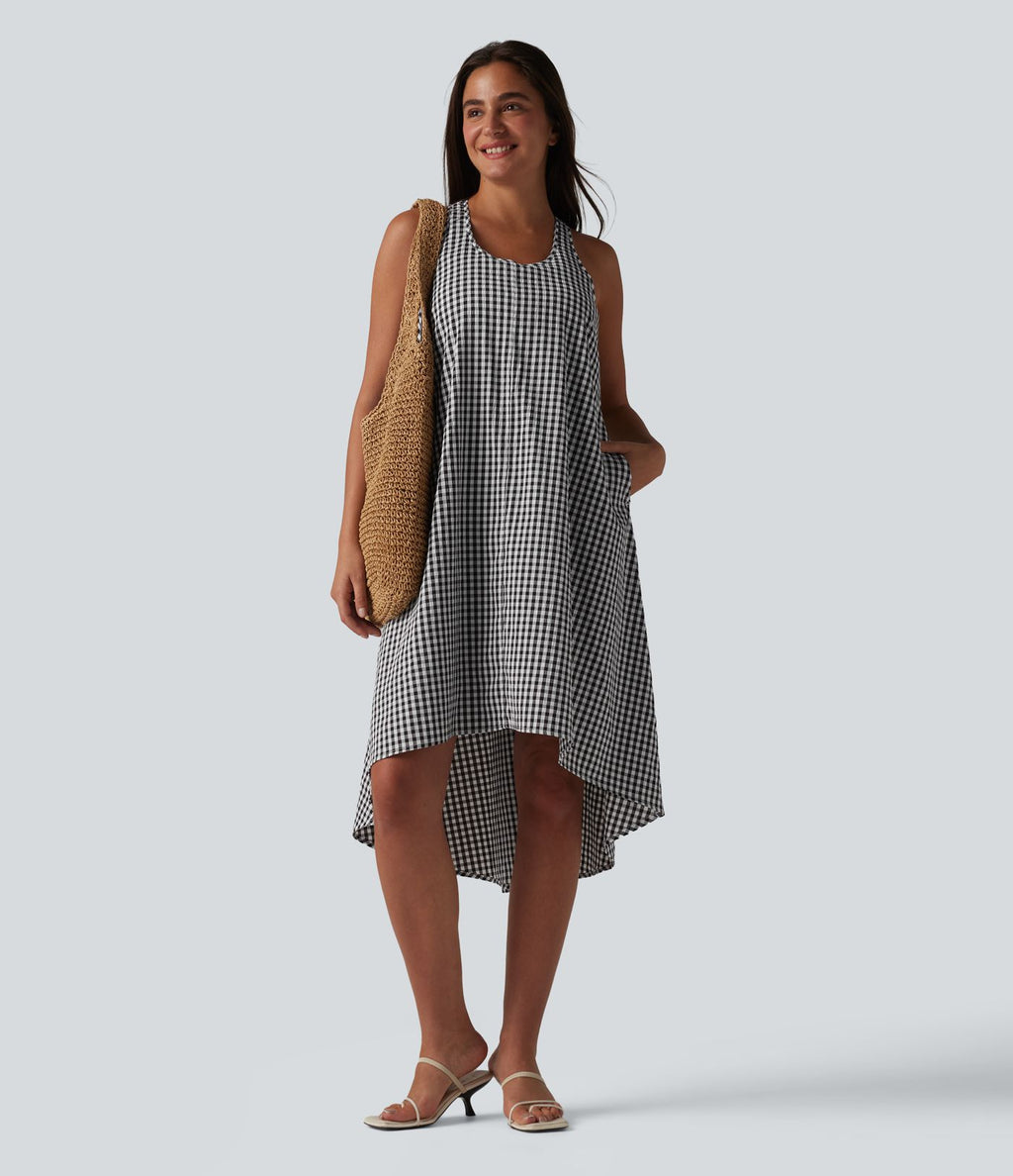 Robe midi resort fluide à carreaux vichy dos nu dos nageur coupe asymétrique avec soutien-gorge intégré et poches