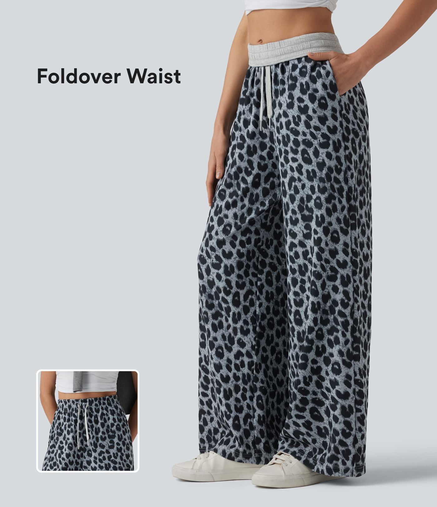 Pantalon ample taille haute rabattable en tissu gaufré imprimé léopard avec cordon de serrage et poches