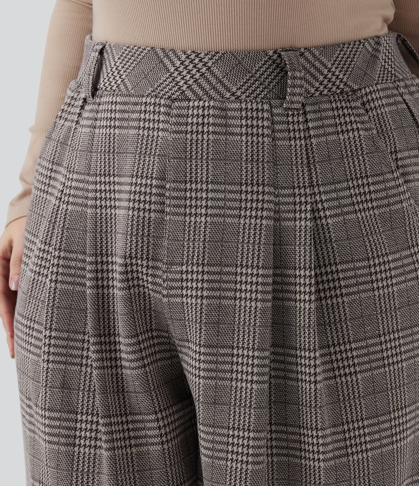 Pantalon décontracté grande taille large taille haute à carreaux pied-de-poule avec poches