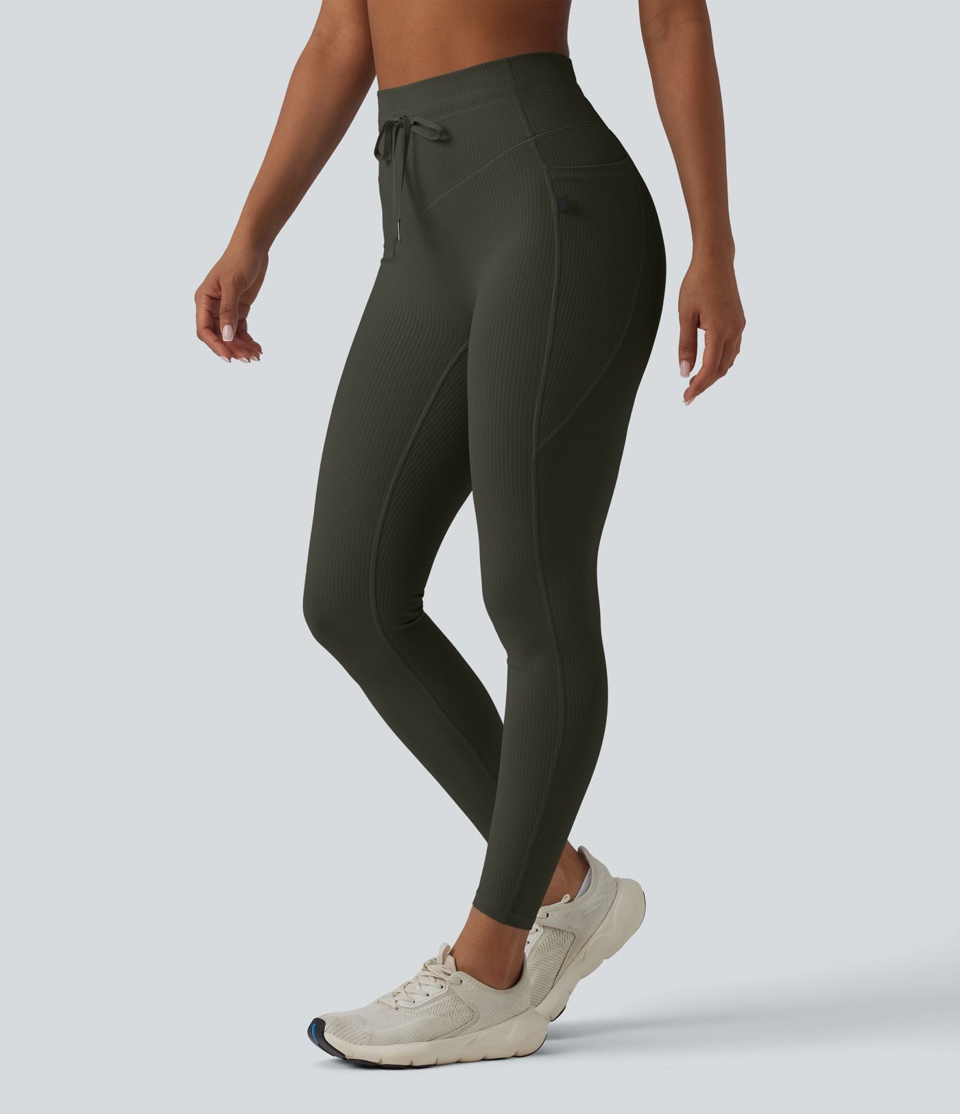 Legging de sport maille côtelée gainant à séchage rapide taille haute avec cordon de serrage et poches - UPF50+