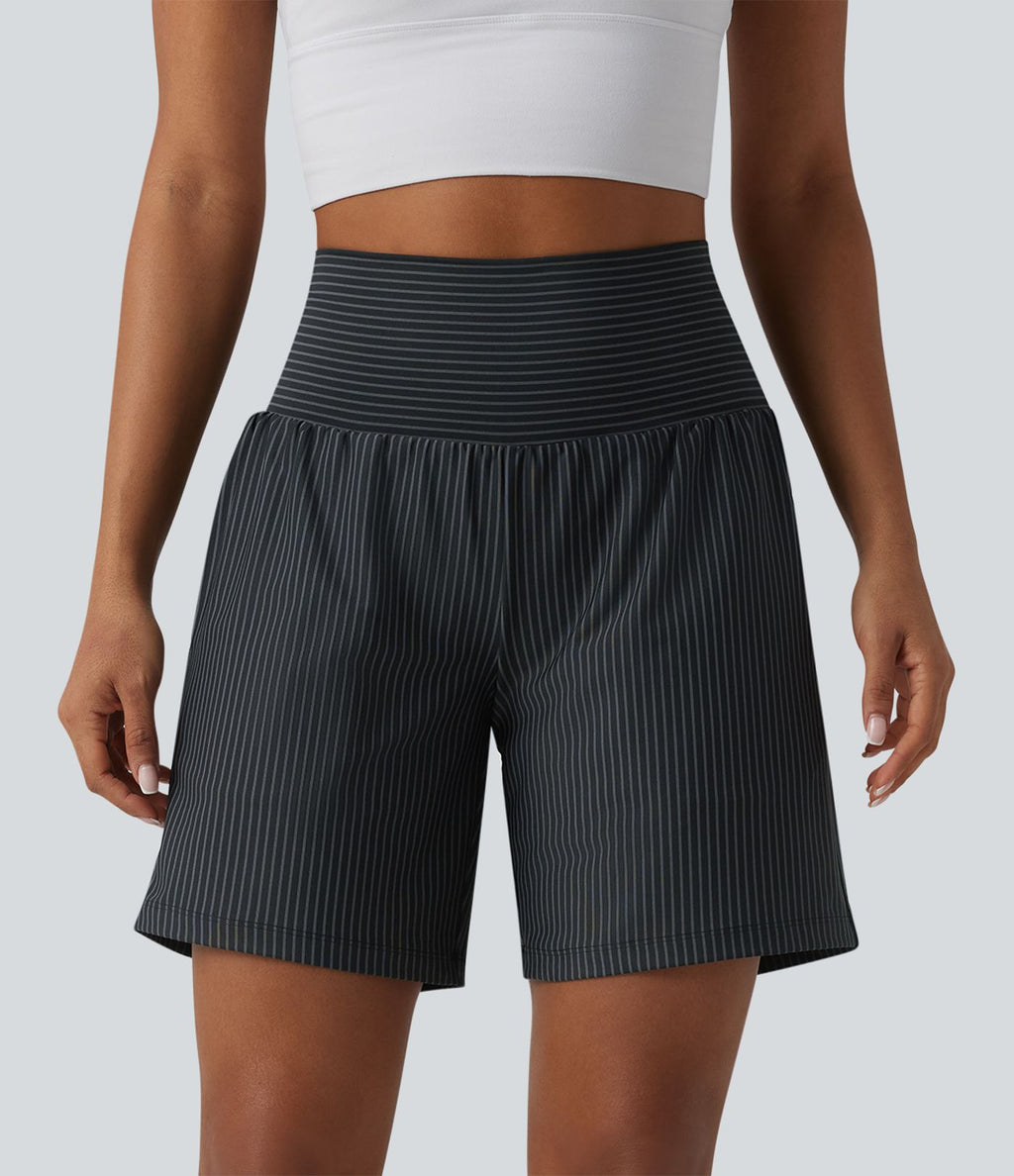 Short yoga 2-en-1 à rayures taille super haute 17,5 cm avec poches